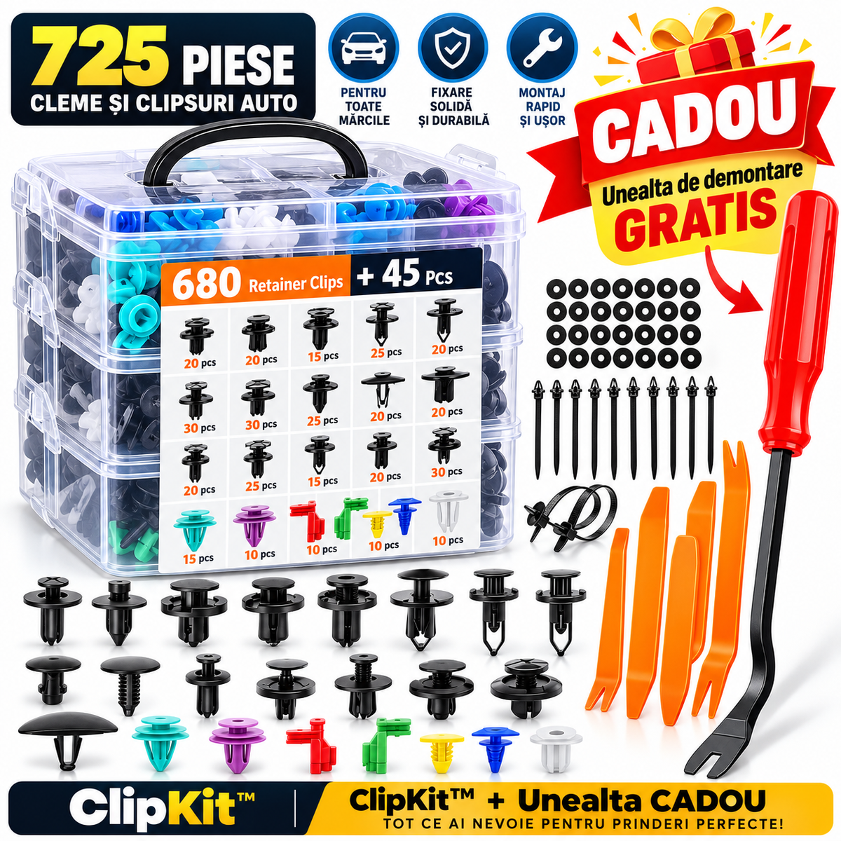 ClipKit – Set complet cu 725 de cleme auto și unelte