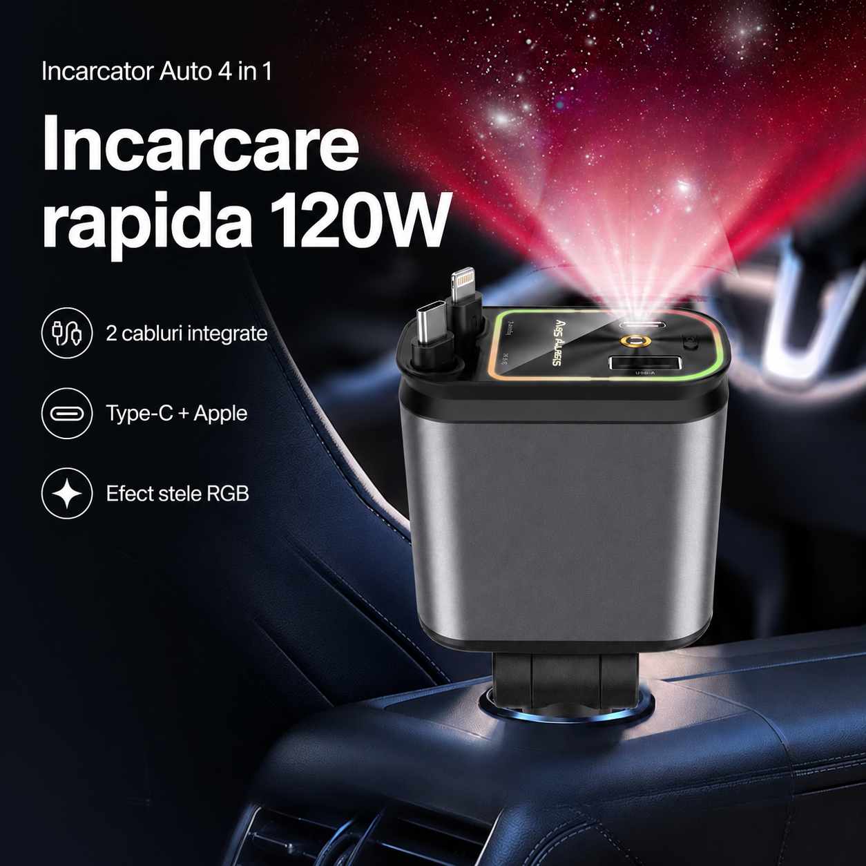 StarCharge – Încărcător Auto 4 în 1 cu Lumini Ambientale