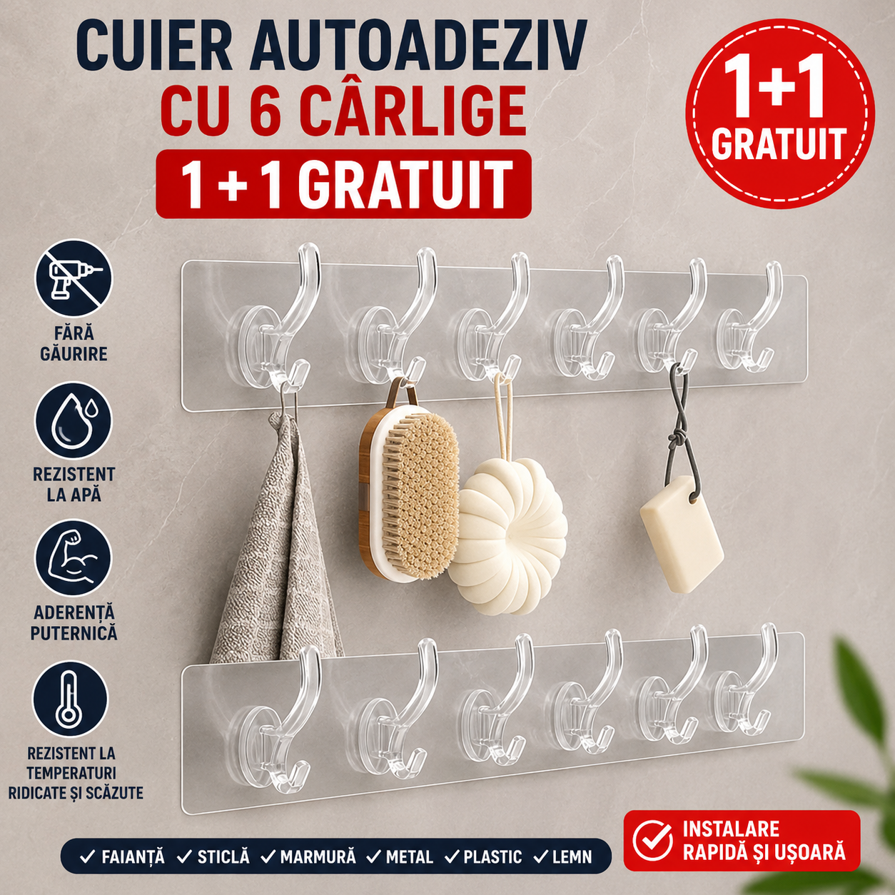 Cuier Autoadeziv cu 6 Cârlige (1+1 Gratuit)