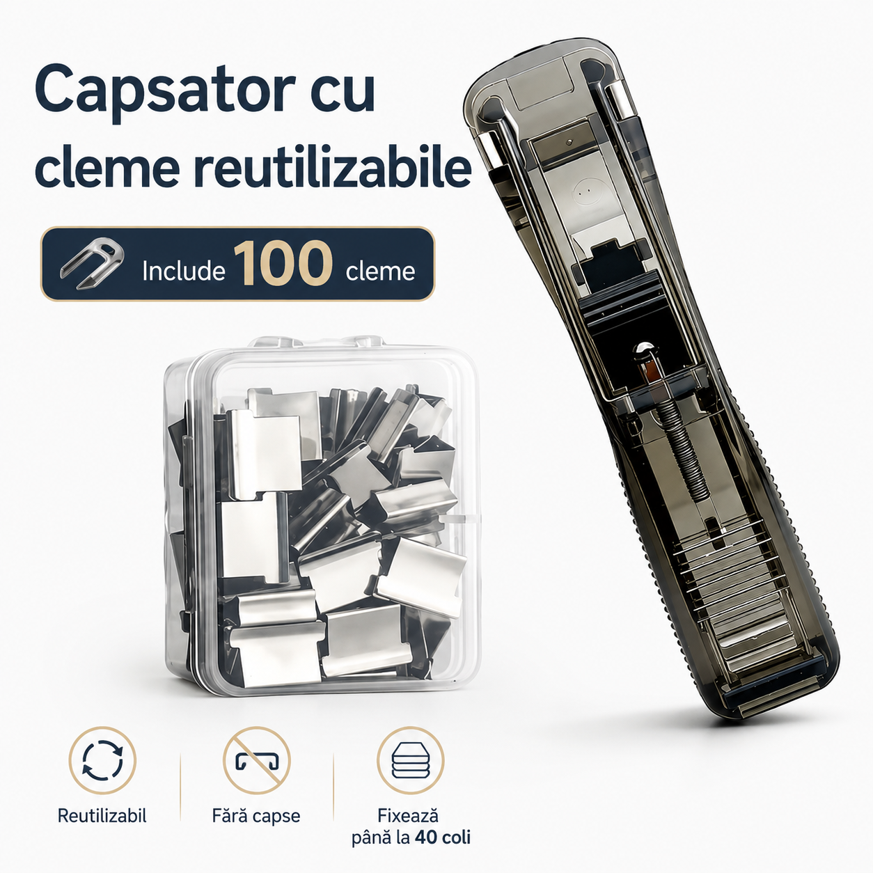 Capsator Portabil cu 100 de Cleme Reutilizabile