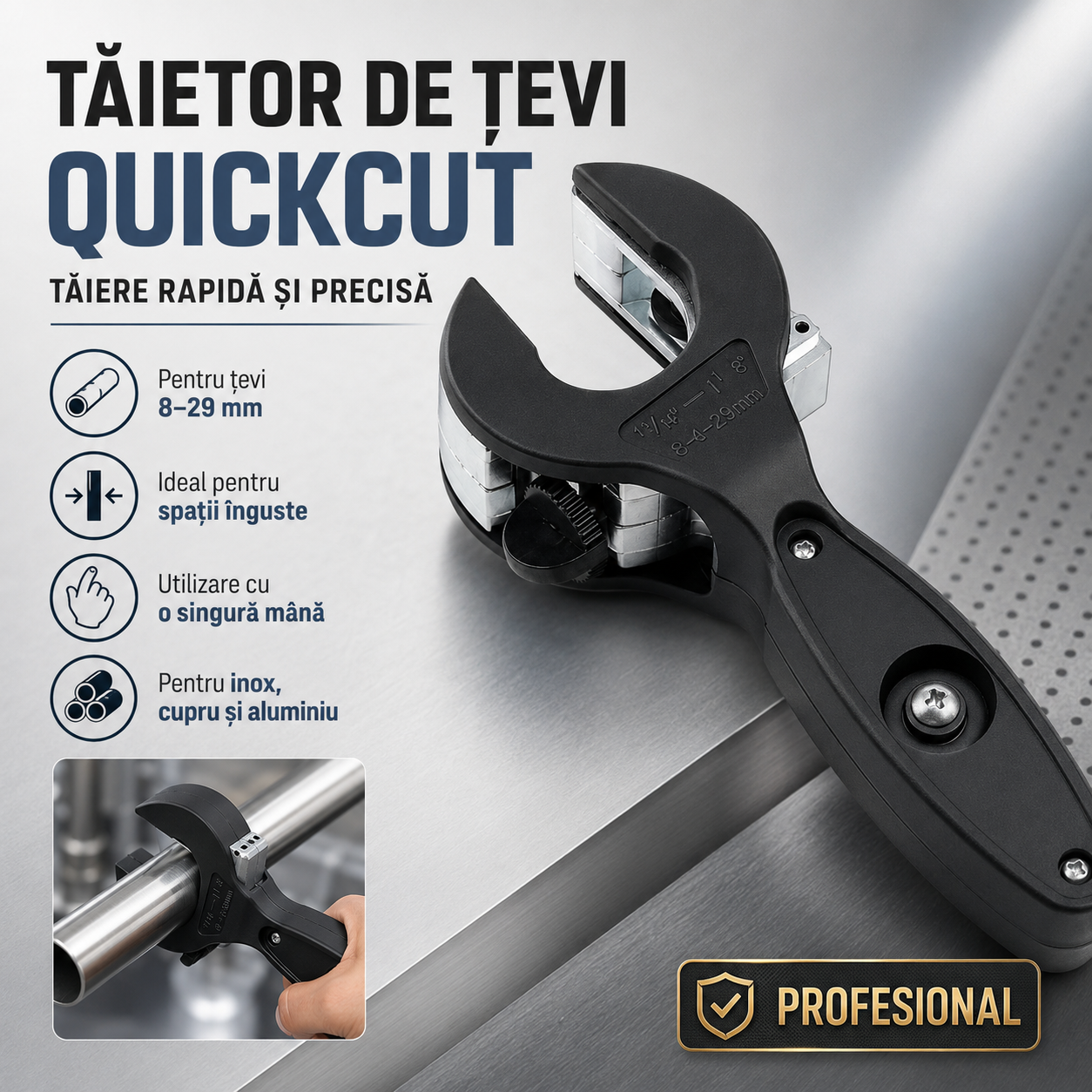 Dispozitiv Profesional pentru Tăiat Țevi cu Clichet