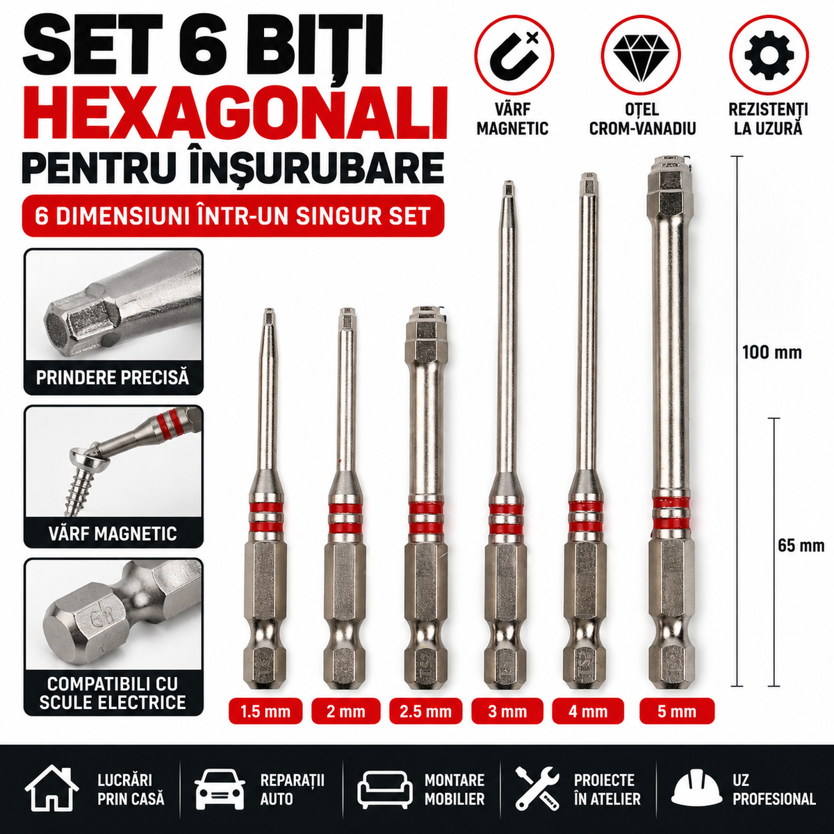 Set 6 Biți Hexagonali Magnetici pentru Înșurubare