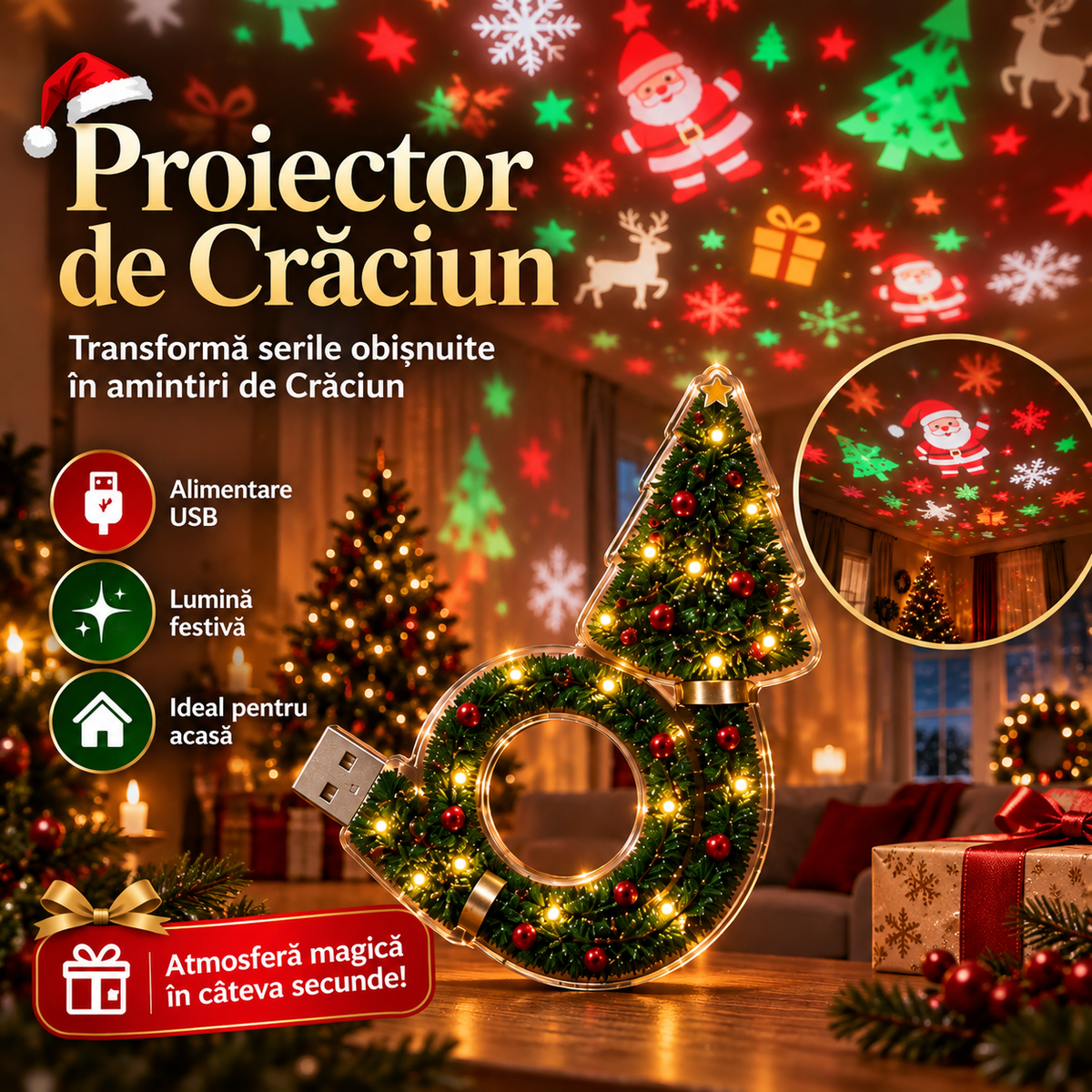Proiector de Crăciun cu Lumini Festive