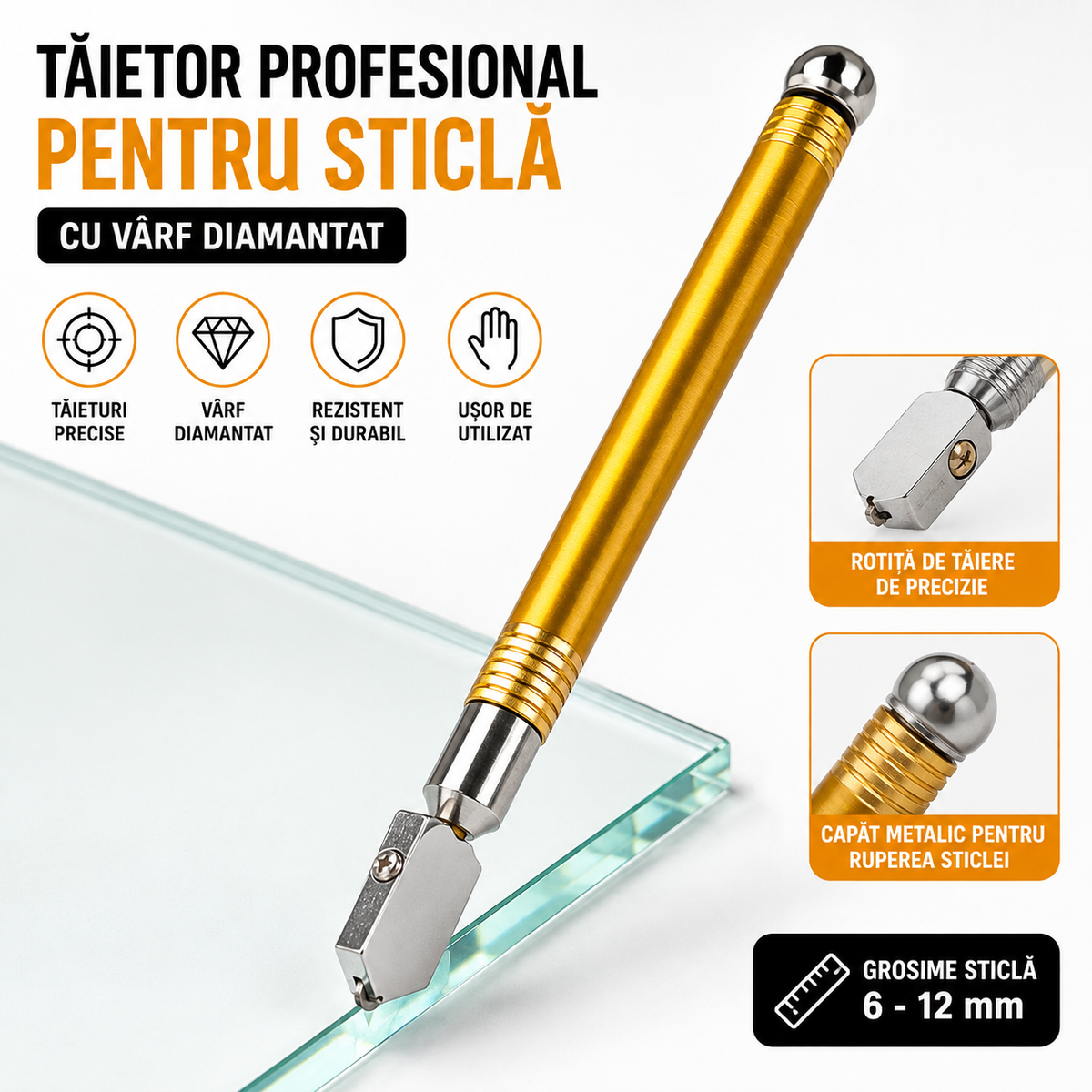 Tăietor Profesional pentru Sticlă cu Vârf Diamantat