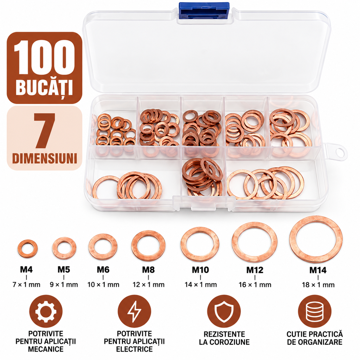 Set 100 Șaibe din Cupru - 7 dimensiuni diferite