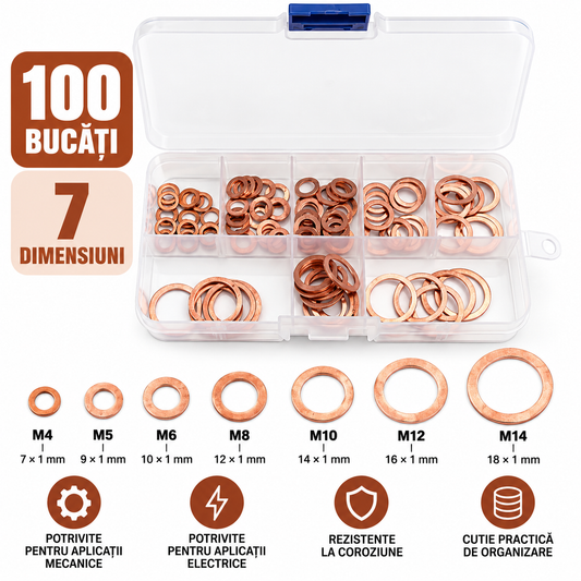 Set 100 Șaibe din Cupru - 7 dimensiuni diferite