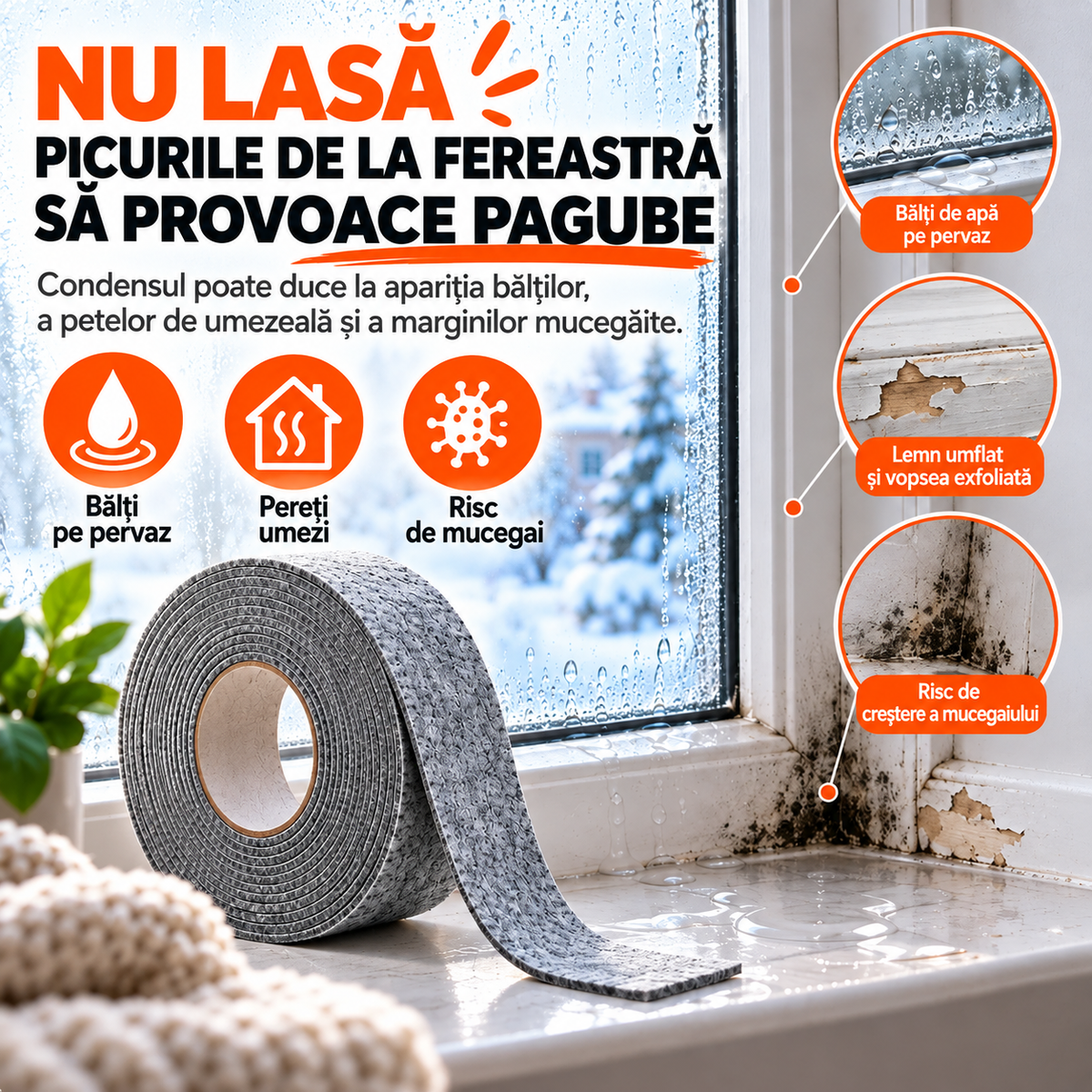 Bandă autoadezivă de pâslă absorbantă pentru ferestre (3 METRI)